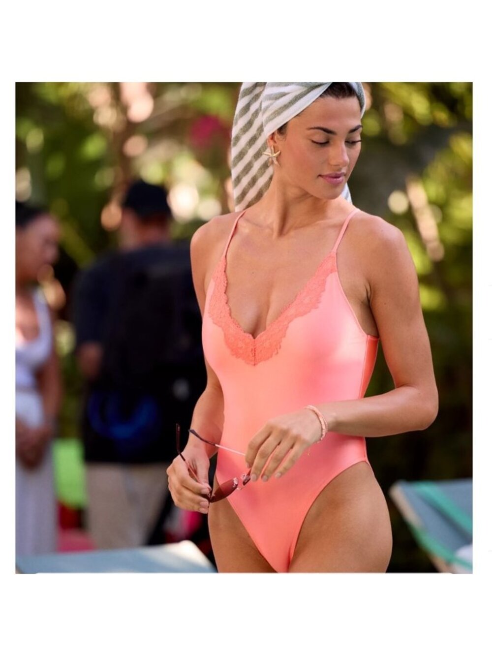 Aerie Shine Lace Plunge One Piece Swimsuit XL Coral UPF 50 Low Back Cheeky NEW